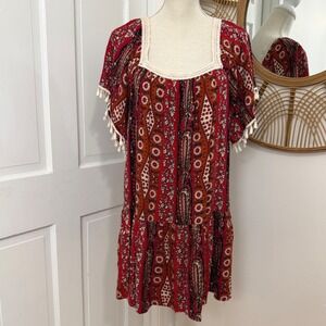 Umgee Boho Tassel Sleeve Mini Dress Sz L Flutter Sleeve Folk Festival Gypsy